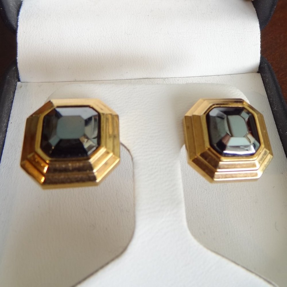 LANVIN Octagonal 14K Gold Post Hematite Earrings